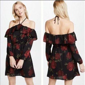 Cupcakes & Cashmere Rose Print Boden off the shoulder Black Floral Dress S NWT